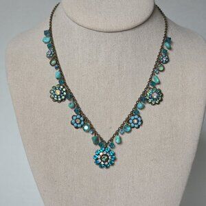 Liz Palacious Necklace Teal Blue Rhinestone AB Flowers Charms Feminine